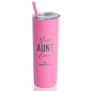 Vaso personalizado grabado "La mejor tía del mundo" con pajita de Lifetime Creations: Regalo personalizado para anunciar el embarazo de una tía primeriza, regalos para tías Pink