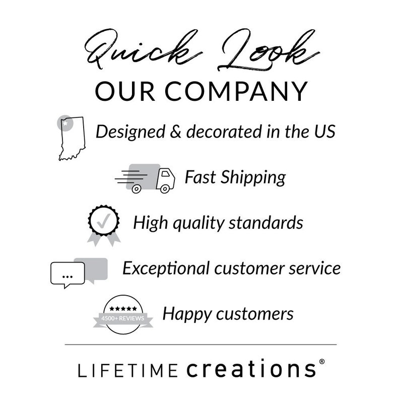 A quick look at our company Lifetime Creations. Gifts designed & decorated in the US, Fast shipping, High-quality standards, Exceptional customer service, and Happy customers.