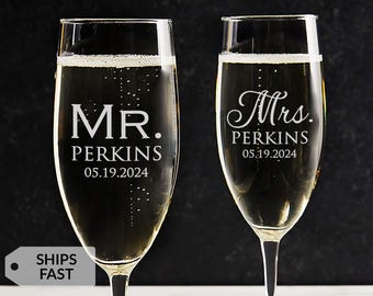 Personalized Mr & Mrs Champagne Glasses by Lifetime Creations: Custom Engraved Wedding Champagne Flutes, Wedding Shower Gift, MADE IN USA