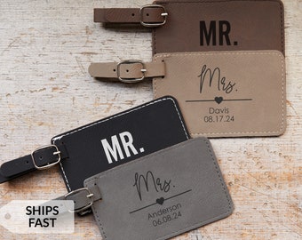 Personalized Mr & Mrs Luggage Tags Pair of 2 by Lifetime Creations: Cute Bag Tags for Couple, Personalized Wedding Honeymoon Gift SHIPS FAST