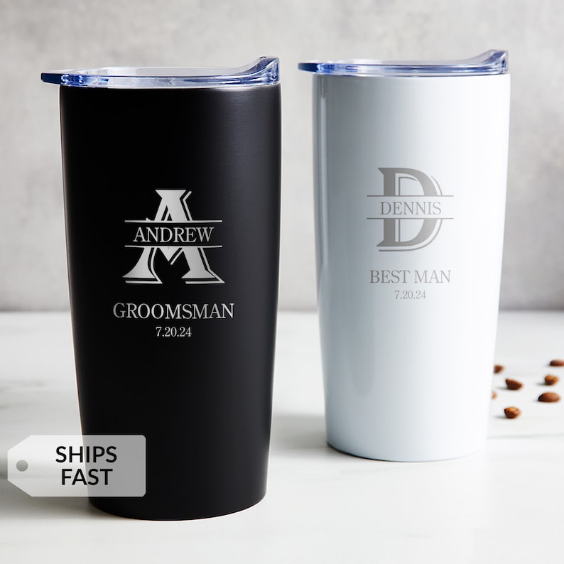 Personalized engraved groomsman coffee travel mug, stainless steel tumbler