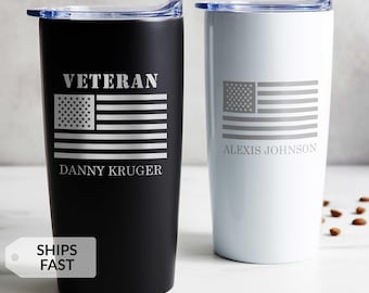 Personalized Veteran Tumbler: Engraved American Flag Travel Mug, Veterans Day or Military Retirement Gift