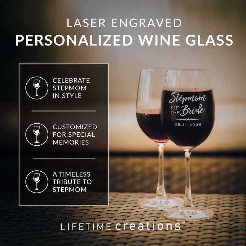 Personalized Stepmother of the Bride or Stepmother of the Groom Wine Glass by Lifetime Creations: Bonus Mom Stepmom Wedding Gift MADE IN USA image 3