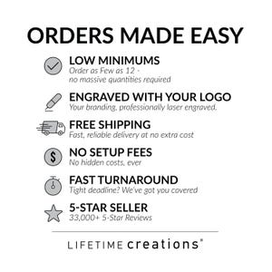 Pode incluir: Gr&aacute;fico branco com o texto "ORDERS MADE EASY" e &iacute;cones que representam m&iacute;nimos baixos, grava&ccedil;&atilde;o, frete gr&aacute;tis, sem taxas de configura&ccedil;&atilde;o, entrega r&aacute;pida e um vendedor 5 estrelas. O logotipo "LIFETIME creations" est&aacute; na parte inferior.