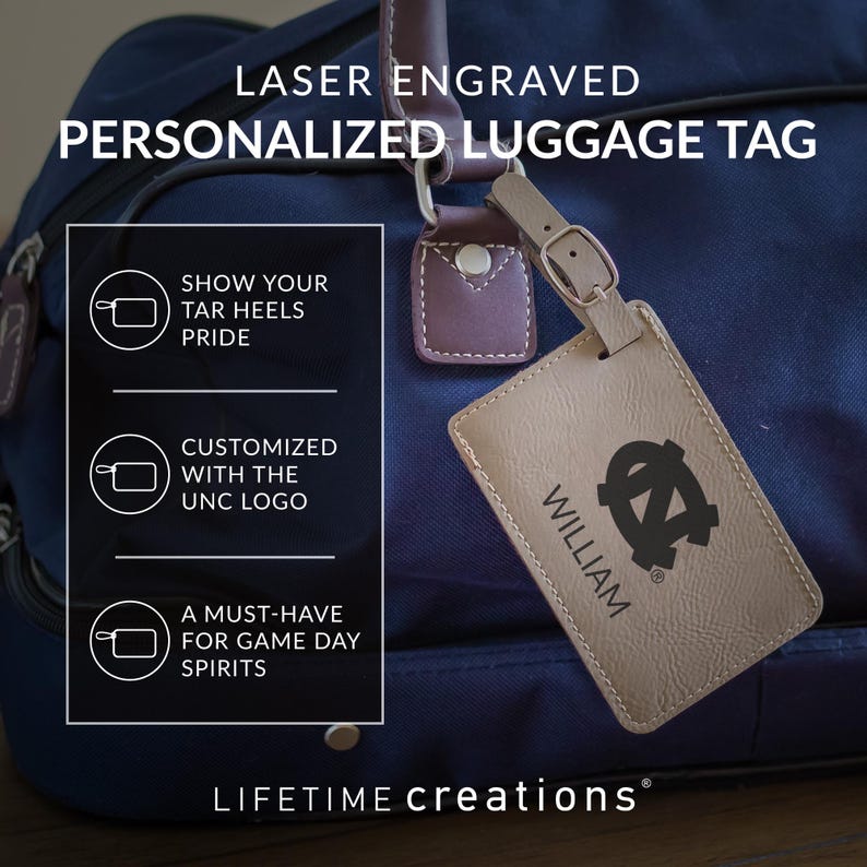 Personalized North Carolina Tar Heels Luggage tag by Lifetime Creations: Officially Licensed UNC Tarheels, UNC Gifts, UNC Graduation Gift image 4