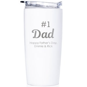 Dad will love his new #1 Dad tumbler by Lifetime Creations to enjoy his favorite beverage. Our personalized stainless steel tumblers are laser engraved and will not fade over time. Shown in White.