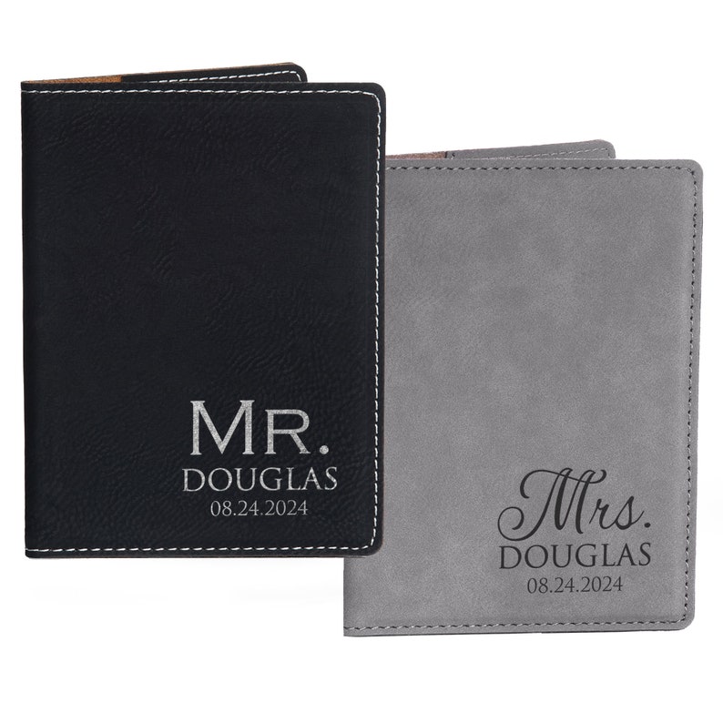 Personalized Mr. and Mrs. Passport Cover Set by Lifetime Creations: Mr. Mrs. Passport Holder Set, Wedding Gift Passport Cases SHIPS FAST Black/Gray