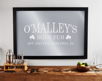 Engraved Custom Bar Mirror (Irish Pub) by Lifetime Creations: Personalized Bar Mirror, Large Pub Mirror, Irish Shamrocks, Various Sizes