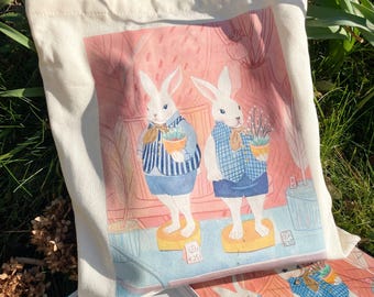 Bolso de lona con estampado de conejo dibujado a mano: Bolso de compras con ilustración primaveral