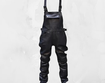 Men’s Handmade Thick Cowhide Leather Bib Overalls – Black Zippered Biker Clubwear Jumpsuit