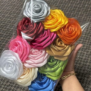 Può includere: Un sacchetto di plastica trasparente pieno di rose di nastro di raso colorato. Le rose sono in vari colori, tra cui argento, rosso, rosa, bianco, giallo, arancione, oro, verde e blu. Le rose sono fitte.