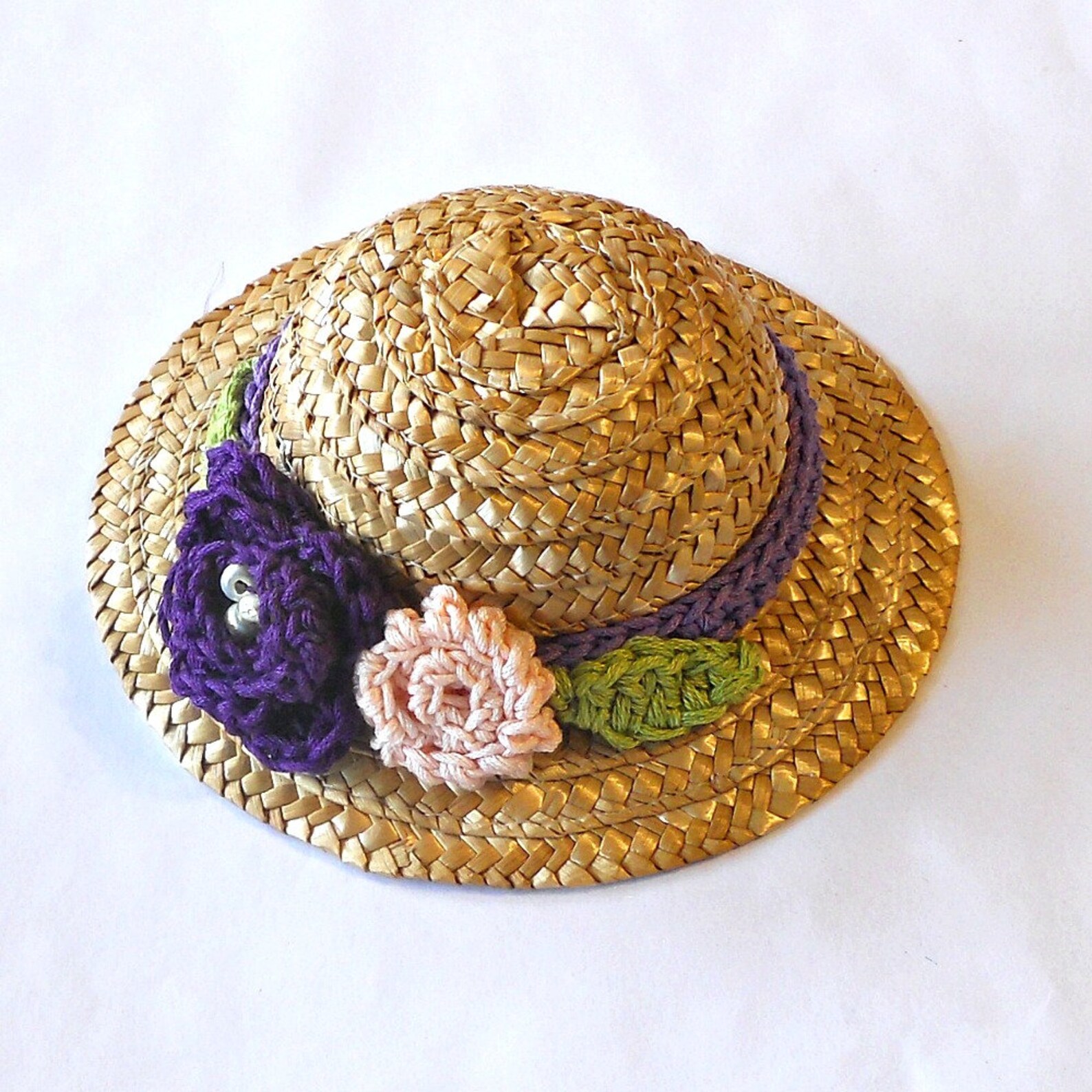 Doll Straw Hat with Crochet Flowers Purple and Pink Flowers Etsy