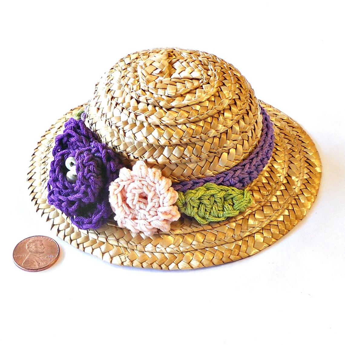 Doll Straw Hat with Crochet Flowers Purple and Pink Flowers Etsy