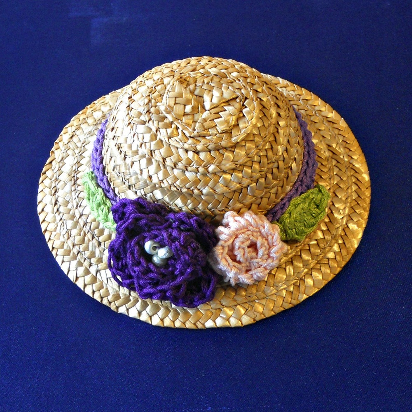 Doll Straw Hat with Crochet Flowers Purple and Pink Flowers Etsy