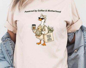 Powered by Coffee and Motherhood Shirt, Funny Mom Life Tee, Coffee Mom Shirt, Tired Mom Shirt, New Mom Gift, Aesthetic Mom Shirt