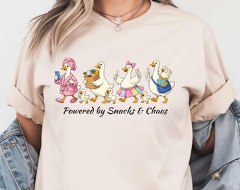Powered by Snacks and Chaos Shirt, Funny Mom Life Tee, Busy Mom Shirt, Goose Mom Tee, Relatable Mom Humor Shirt, Cute Duck Family Gift