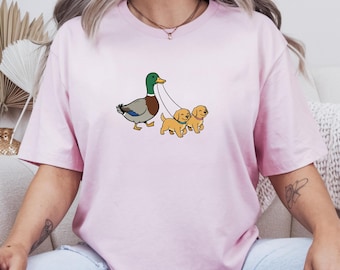 Funny Duck Walking Golden Retrievers Shirt, Cute Dog Lover Tee, Animal Humor Shirt, Duck Lover Gift, Cute Pet Graphic Tee