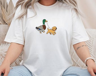 Funny Duck Walking Golden Retriever Shirt, Duck Walking Dog Tee, Dog Lover Gift, Animal Humor Shirt, Cute Pet Shirt, Gildan 64000