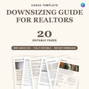 Könnte beinhalten: Eine digitale Canva-Vorlage für einen Verkleinerungsleitfaden für Immobilienmakler mit 20 bearbeitbaren Seiten. Das Dokument enthält Checklisten, Textabschnitte und Platzhalter für Bilder in einem klaren Layout mit braunem Text.