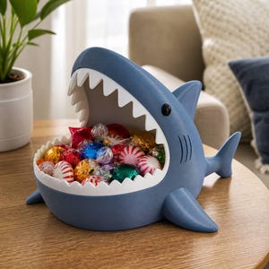 May include: A blue shark-shaped bowl with a wide-open mouth featuring white teeth, filled with a variety of colourful, individually wrapped sweets. The shark has a smooth matte finish, a black eye, and side fins, serving as a decorative container.