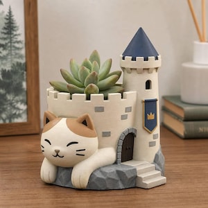 Castle Cat Planter Figurine, Medieval Tower Succulent Pot, Hand Painted Desktop Sculpture, Unique Knight Kitten Desk Decor