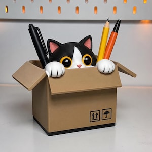 Op de afbeelding: Een bureau-organizer in de vorm van een bruine kartonnen doos met een zwart-witte kat die er bovenuit steekt. De kat heeft grote gele ogen en witte pootjes op de rand van de doos. Op de voorkant staan twee zwarte iconen, een pijl en een paraplu.