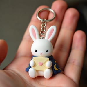 Puede incluir: Un llavero de conejo blanco con una capa azul oscuro decorada con estrellas amarillas y una luna creciente. El conejo tiene orejas con interior rosa, ojos negros, una pequeña nariz rosa y sostiene un sobre amarillo pálido con un corazón rosa.