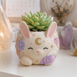 Mondblumen-Hase 3D-gedruckter Pflanztopf, verspielter himmlischer Sukkulententopf, handbemalte Hasendekoration