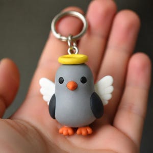 Guardian Angel Pigeon Keychain, Hand-Painted 3D Printed Bird Trinket, Protective City Bird Charm, Unique Urban Winged Totem Accessory
