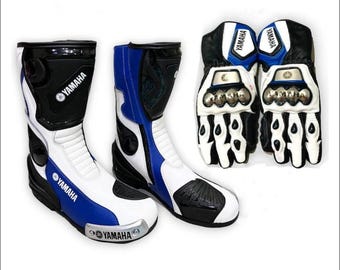 Yamaha Racing Motorcycle Boots and Gloves Set: Cowhide Leather, Carbon Fiber Protection