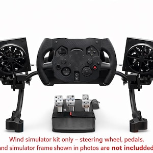 May include: A black wind simulator kit with a steering wheel, pedals, and two fan units. The steering wheel has multiple buttons and dials. The text at the bottom says, "Wind simulator kit only - steering wheel, pedals, and simulator frame shown in photos are not included."