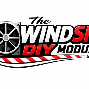 May include: A graphic logo featuring a square black fan icon on the left and the bold text The WIND SIM DIY MODULE by GSC in black and red. Below the text is a stylized red and white striped ribbon graphic that curves underneath the lettering.