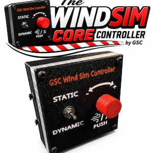 May include: A black GSC Wind Sim Controller box featuring a toggle switch labeled STATIC and DYNAMIC, and a red circular knob labeled PUSH with a wind icon. The text GSC Wind Sim Controller is printed on the front face with a curved arrow indicator.