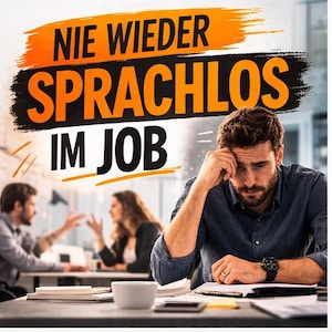Puede incluir: Imagen con el texto en alemán "NIE WIEDER SPRACHLOS IM JOB" en naranja y negro. Un hombre con barba está sentado en un escritorio, con aspecto estresado. Otras personas están borrosas en el fondo.