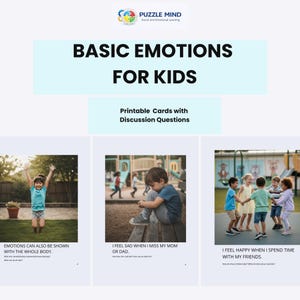 Może przedstawiać: Drukowane zasoby edukacyjne zatytułowane „BASIC EMOTIONS FOR KIDS” z pytaniami do dyskusji. Obraz przedstawia dzieci wyrażające emocje: radość, smutek i szczęście. Zasób jest przeznaczony do nauki społecznej i emocjonalnej.
