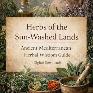 May include: A rustic still life featuring a sign that reads "Herbs of the Sun-Washed Lands." The image includes a mortar and pestle, bowls of herbs, a small bottle, and a jug. The scene is filled with natural elements.