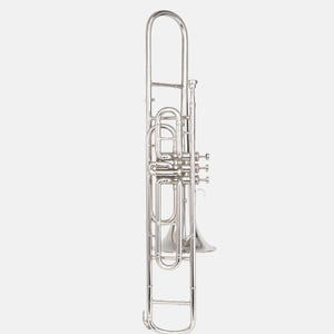 Puede incluir: Un brillante tromb&oacute;n plateado, un instrumento de viento de metal, se muestra sobre un fondo blanco. El tromb&oacute;n presenta una vara, campana y varias v&aacute;lvulas y tubos. El instrumento est&aacute; dise&ntilde;ado para producir una gama de notas musicales.