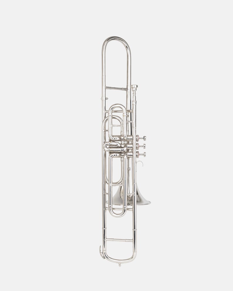 Puede incluir: Un brillante tromb&oacute;n plateado, un instrumento de viento de metal, se muestra sobre un fondo blanco. El tromb&oacute;n presenta una vara, campana y varias v&aacute;lvulas y tubos. El instrumento est&aacute; dise&ntilde;ado para producir una gama de notas musicales.