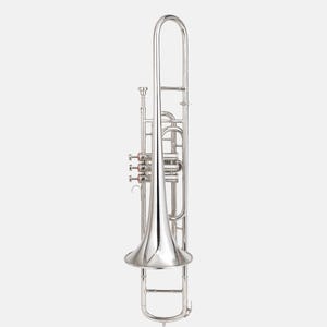 Puede incluir: Un brillante tromb&oacute;n plateado, un instrumento de viento metal, se muestra sobre un fondo blanco liso. El tromb&oacute;n presenta una campana, una vara y varias v&aacute;lvulas. La superficie pulida del instrumento refleja la luz, resaltando sus curvas y detalles. El tromb&oacute;n es un instrumento musical.