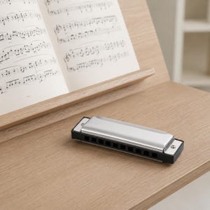 以下が含まれることがあります： 磨かれた金属製のカバープレートと10個の穴がある黒いコームを備えた銀と黒のハーモニカ。白い紙のページに黒い音符が記された開いた楽譜本を載せた明るい木製の譜面台の上に置かれています。
