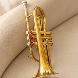 May include: A shiny brass trumpet with silver accents and three valves with red and white details. The musical instrument is angled, showcasing its bell and intricate tubing. The trumpet is a wind instrument.