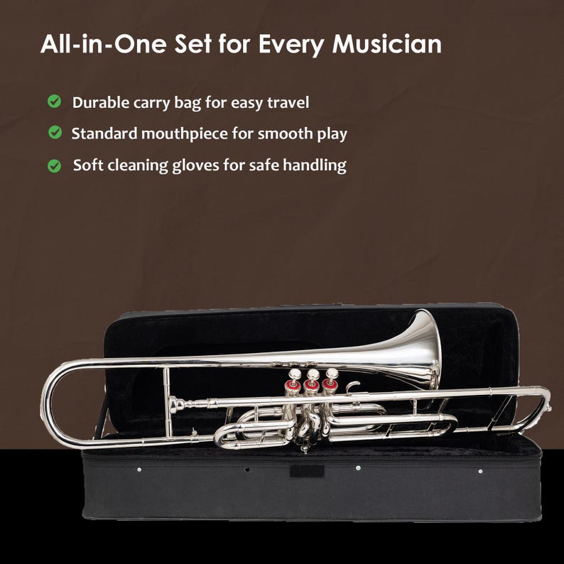 Puede incluir: Un juego de tromb&oacute;n plateado en un estuche negro abierto. La imagen incluye el texto "All-in-One Set for Every Musician" y enumera caracter&iacute;sticas como una bolsa de transporte duradera, una boquilla est&aacute;ndar y guantes de limpieza suaves.