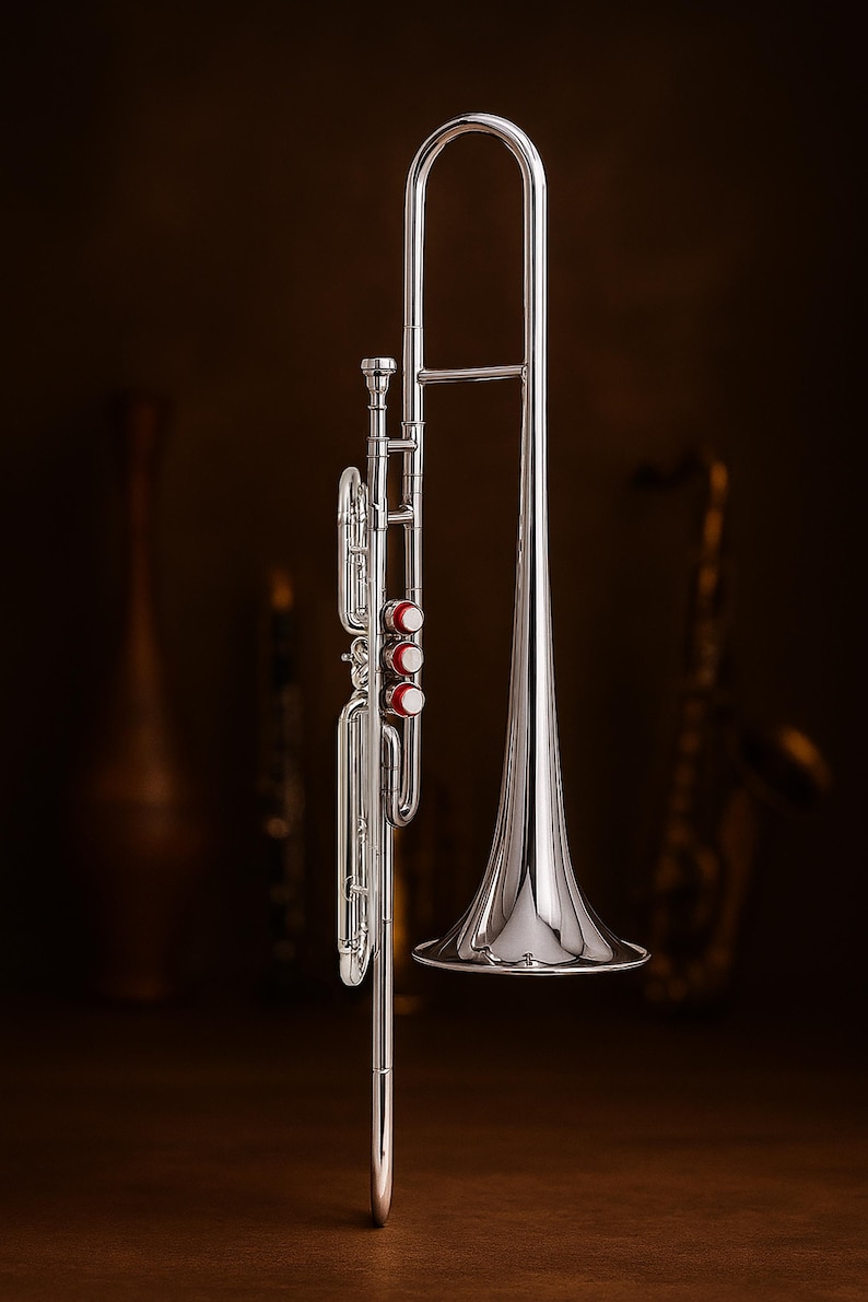 Puede incluir: Un tromb&oacute;n plateado brillante con campana acampanada y corredera. El instrumento tiene tres v&aacute;lvulas rojas y est&aacute; sobre un fondo marr&oacute;n oscuro. Un saxof&oacute;n est&aacute; borroso en el fondo.