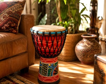 Rode Afrikaanse djembrommel 10 x 20 inch mangohouten handtrommel | Handgeschilderde geitenleer drum voor beginners meditatie drum cirkel decor