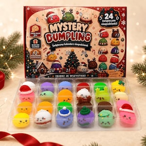 May include: A Mystery Dumpling advent calendar box with 24 numbered slots, featuring colourful illustrations of cartoon dumplings. Below the box, a clear plastic tray holds 24 small, squishy, multi-coloured dumpling figures with faces.