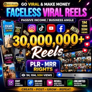 Könnte beinhalten: Werbegrafik mit dem Text "Faceless Viral Reels" und Social-Media-Symbolen. Das Bild enthält Screenshots von Handys und einen Computerbildschirm mit Videoinhalten. Die Grafik bewirbt passives Einkommen und Geschäftsmöglichkeiten.