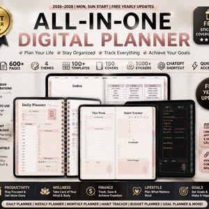 May include: Digital planner with the text "ALL-IN-ONE DIGITAL PLANNER" and "2026-2028". The planner includes 600+ pages, 4 themes, 100+ templates, and 150 covers. Features include calendar integrations, instant download, and compatibility with GoodNotes.