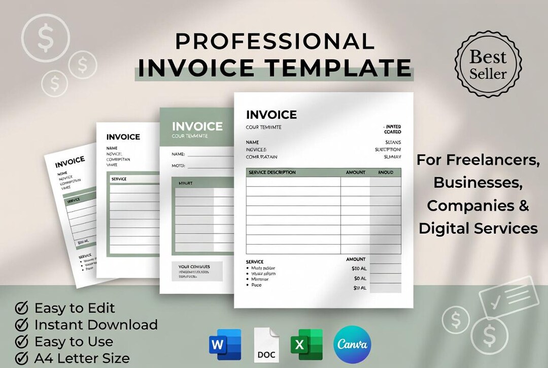 Professional Invoice Template for Small Business, Editable Invoice Word ...