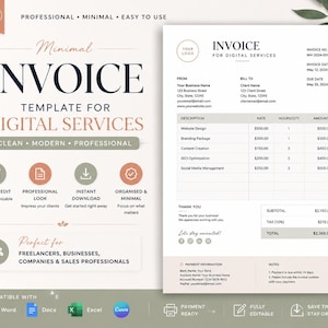May include: A digital invoice template for services featuring a clean layout with sections for business details, itemised billing, subtotal, tax, and total. The document includes placeholders for logo, contact info, and payment terms in a professional format.