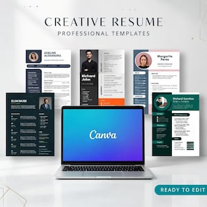 Peut inclure: Un ordinateur portable affichant le logo Canva est placé devant plusieurs modèles de CV. Les modèles présentent différents designs avec des noms tels que Adeline Alexandra, Richard John, Margarita Perez et Richard Sanchez. Le texte "CREATIVE RESUME PROFESSIONAL TEMPLATES" est en haut.